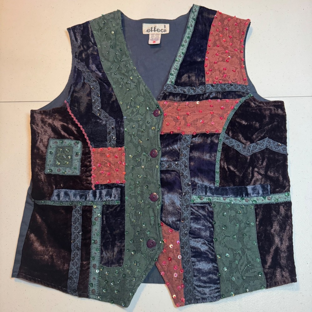 Effeci Vintage Patchwork Velvet Lace Sequin Vest‎ Medium Multi Color Boho Artsy